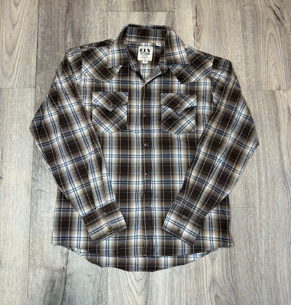 Ely Cattleman Shirt youth Boys Size Medium Pearl Snap Brown Plaid Western
